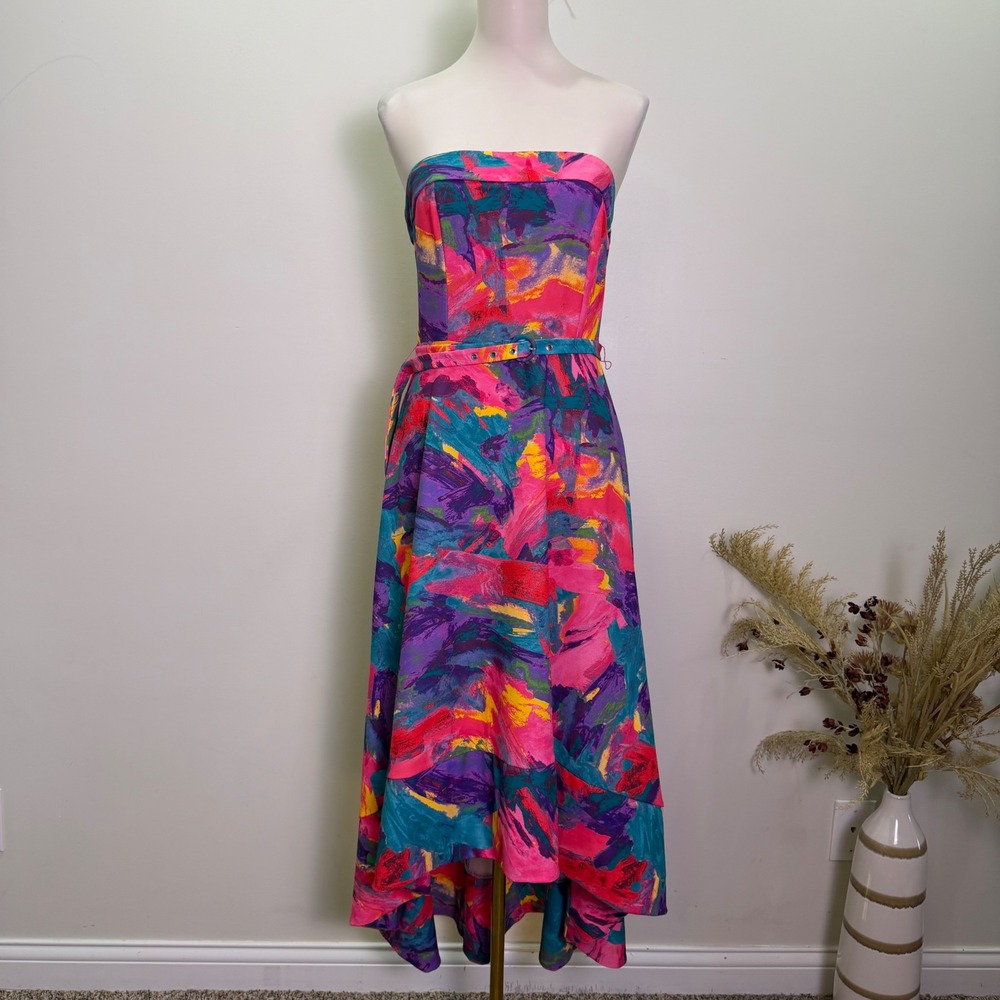 Flying Tomato Large Strapless Belted Hi-Low Abstract Watercolor Dress Pink